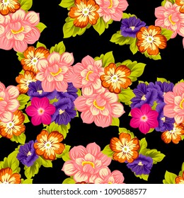 beautiful floral seamless pattern on black background. For your fabric design, clothing, printed matter. Greetings and cards for birthday, wedding, Valentine's day and more. Vector illustration