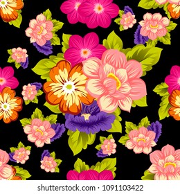 beautiful floral seamless pattern on black background. For your fabric design, clothing, printed matter. Greetings and cards for birthday, wedding, Valentine's day and more. Vector illustration