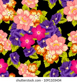 beautiful floral seamless pattern on black background. For your fabric design, clothing, printed matter. Greetings and cards for birthday, wedding, Valentine's day and more. Vector illustration