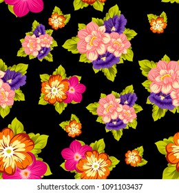 beautiful floral seamless pattern on black background. For your fabric design, clothing, printed matter. Greetings and cards for birthday, wedding, Valentine's day and more. Vector illustration