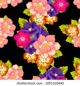 beautiful floral seamless pattern on black background. For your fabric design, clothing, printed matter. Greetings and cards for birthday, wedding, Valentine's day and more. Vector illustration
