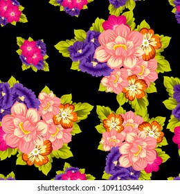 beautiful floral seamless pattern on black background. For your fabric design, clothing, printed matter. Greetings and cards for birthday, wedding, Valentine's day and more. Vector illustration
