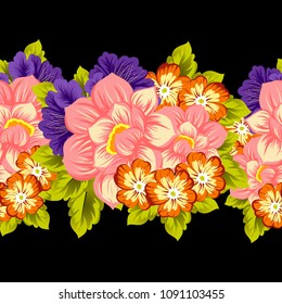 beautiful floral seamless pattern on black background. For your fabric design, clothing, printed matter. Greetings and cards for birthday, wedding, Valentine's day and more. Vector illustration