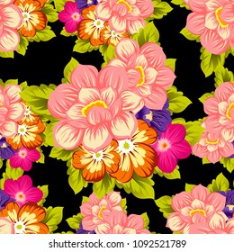 beautiful floral seamless pattern on black background. For your fabric design, clothing, printed matter. Greetings and cards for birthday, wedding, Valentine's day and more. Vector illustration
