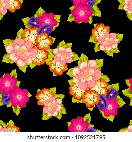 beautiful floral seamless pattern on black background. For your fabric design, clothing, printed matter. Greetings and cards for birthday, wedding, Valentine's day and more. Vector illustration