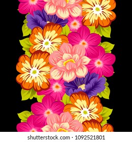 beautiful floral seamless pattern on black background. For your fabric design, clothing, printed matter. Greetings and cards for birthday, wedding, Valentine's day and more. Vector illustration