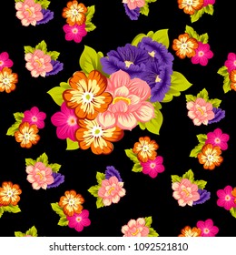 beautiful floral seamless pattern on black background. For your fabric design, clothing, printed matter. Greetings and cards for birthday, wedding, Valentine's day and more. Vector illustration