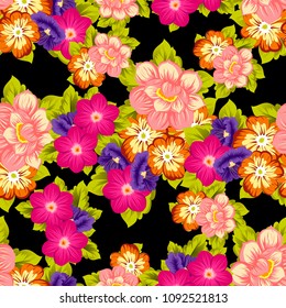 beautiful floral seamless pattern on black background. For your fabric design, clothing, printed matter. Greetings and cards for birthday, wedding, Valentine's day and more. Vector illustration