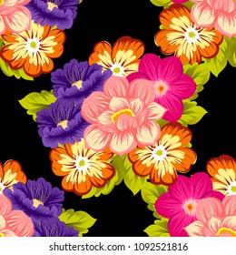 beautiful floral seamless pattern on black background. For your fabric design, clothing, printed matter. Greetings and cards for birthday, wedding, Valentine's day and more. Vector illustration