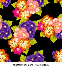 beautiful floral seamless pattern on black background. For your fabric design, clothing, printed matter. Greetings and cards for birthday, wedding, Valentine's day and more. Vector illustration