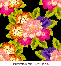 beautiful floral seamless pattern on black background. For your fabric design, clothing, printed matter. Greetings and cards for birthday, wedding, Valentine's day and more. Vector illustration
