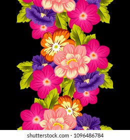 beautiful floral seamless pattern on black background. For your fabric design, clothing, printed matter. Greetings and cards for birthday, wedding, Valentine's day and more. Vector illustration