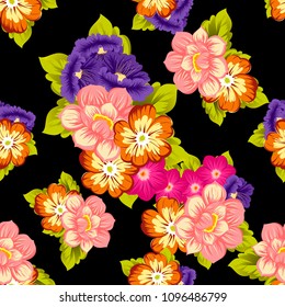 beautiful floral seamless pattern on black background. For your fabric design, clothing, printed matter. Greetings and cards for birthday, wedding, Valentine's day and more. Vector illustration