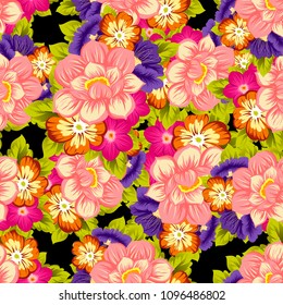 beautiful floral seamless pattern on black background. For your fabric design, clothing, printed matter. Greetings and cards for birthday, wedding, Valentine's day and more. Vector illustration