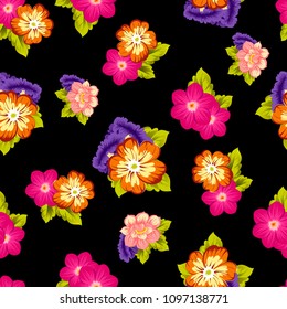 beautiful floral seamless pattern on black background. For your fabric design, clothing, printed matter. Greetings and cards for birthday, wedding, Valentine's day and more. Vector illustration
