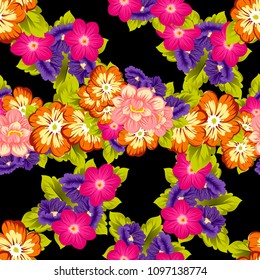 beautiful floral seamless pattern on black background. For your fabric design, clothing, printed matter. Greetings and cards for birthday, wedding, Valentine's day and more. Vector illustration