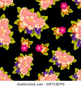 beautiful floral seamless pattern on black background. For your fabric design, clothing, printed matter. Greetings and cards for birthday, wedding, Valentine's day and more. Vector illustration