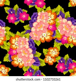 beautiful floral seamless pattern on black background. For your fabric design, clothing, printed matter. Greetings and cards for birthday, wedding, Valentine's day and more. Vector illustration