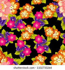 beautiful floral seamless pattern on black background. For your fabric design, clothing, printed matter. Greetings and cards for birthday, wedding, Valentine's day and more. Vector illustration