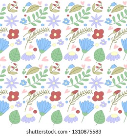 beautiful floral seamless pattern on a white background with the image of natural flowers of petals of sprigs of buds and hearts