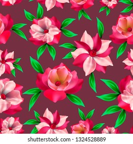 Beautiful floral seamless pattern on dark pink background. Packaging material or textile.