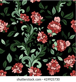 Beautiful floral seamless pattern on black. Vector background. Colorful illustration with red flowers.