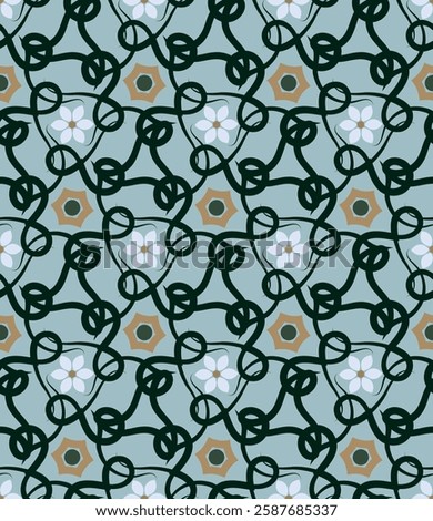 Beautiful floral seamless pattern. Overlapping art forms, stripes, polygons, segments are grouped and arranged in a certain order. Vector. 
