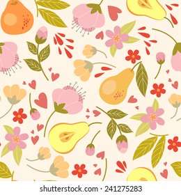Beautiful floral seamless pattern with pear. Kids illustration. 