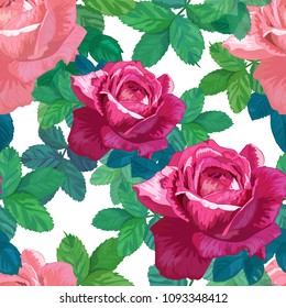 Beautiful floral seamless pattern.Red and pink roses with green leaves on white background.Botanical vector illustration. Suitable for fabrics, textiles, wallpaper, scrapbooking.
