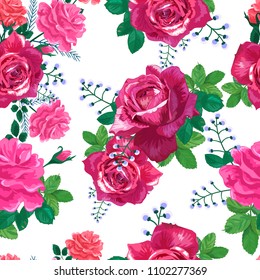 Beautiful floral seamless pattern.Red ,pink roses with green leaves on white background.Botanical vector illustration. Suitable for fabrics, textiles, wallpaper, scrapbooking.