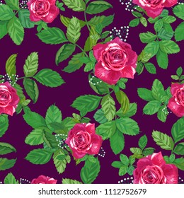 Beautiful floral seamless pattern.Red and pink roses with green leaves on dark violet background.Botanical vector illustration. Suitable for fabrics, textiles, wallpaper, scrapbooking.