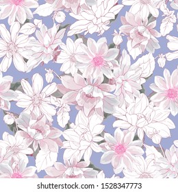 Beautiful Floral Seamless Pattern with Pink Dahlias on Blue Background. Watercolor Style. For Textile, Wallpapers, Print, Greeting. Vector Illustration.