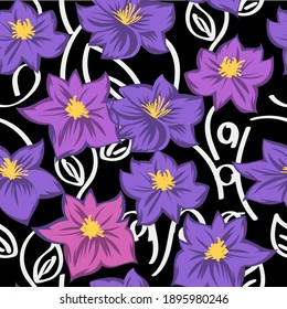 beautiful floral seamless pattern. pink and purple flowers with white floral elements are randomly arranged on a black background. vector