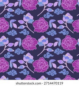 Beautiful floral seamless pattern with pink and violet flowers. Vector floral background.