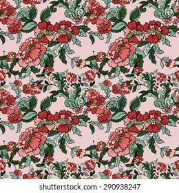 Beautiful  floral seamless pattern with pink backdrop. Vector background.  Flowers and leaves.