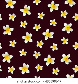 Beautiful floral seamless pattern with plumerias on the dark pink background. Romantic illustration for cover, card, wall paper, fabric, interior design. Realistic vector flowers. Low poly style.