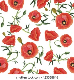 Beautiful Floral seamless pattern with poppies and stems on a white background.Vector illustration with watercolor red flowers. Can be used for textile,fabric, wrapping paper,design a web site.