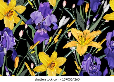 Beautiful floral seamless pattern with purple irises, yellow lilies, green leaves on black. Hand drawn. For your design, prints, textile, web pages. Realistic style. Vector stock illustration.