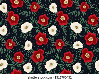 Beautiful floral seamless pattern with red and white wild rose flowers and leaves on dark background. Abstract template for fashion prints, interior design, book covers, magazines...Vector 