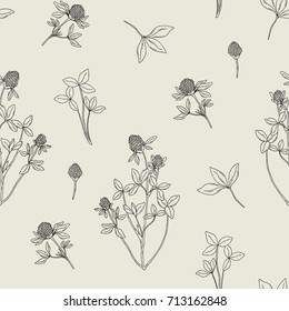 Beautiful floral seamless pattern with red clover on light background. Meadow flowers and leaves hand drawn in retro style. Vector black and white illustration.