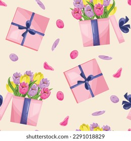Beautiful floral seamless pattern with tulips in the box and gift boxes. Vector pattern.