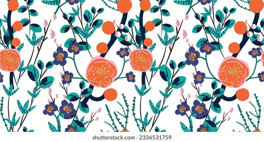 
Schönes, nahtloses Blumenmuster mit verschiedenen Blumen, Kräuter auf weißem Hintergrund. Ein heller, unvergesslicher botanischer Ausdruck in handgezeichnetem Stil. Blühende Zweige trendige Muster. Vektorgrafik 