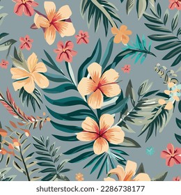 Beautiful floral seamless pattern vector illustration, spring-summer background with tropical flowers, palm leaves, jungle leaves, and hibiscus. Exotic wallpaper, Hawaiian style