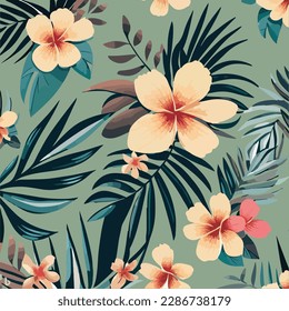 Beautiful floral seamless pattern vector illustration, spring-summer background with tropical flowers, palm leaves, jungle leaves, and hibiscus. Exotic wallpaper, Hawaiian style