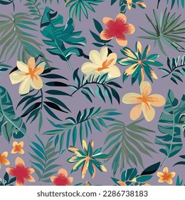 Hermosa ilustración vectorial de patrón sin costura floral, fondo primavera-verano con flores tropicales, hojas de palma, hojas de selva e hibiscos. Papel de pared exótico, estilo hawaiano