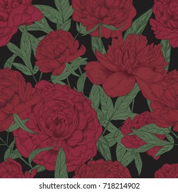 Beautiful floral seamless pattern with vinous peonies and green leaves on dark background. Blooming flowers hand drawn in antique style. Botanical vector illustration for fabric print, wallpaper.