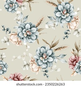 beautiful floral seamless pattern with vintage watercolor flower and leaves