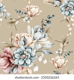 beautiful floral seamless pattern with vintage watercolor flower and leaves