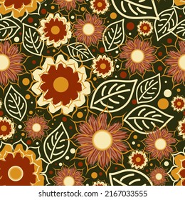 Beautiful floral seamless pattern in warm colors. Abstract flowers and leaves are randomly arranged on a dark background. Vector.