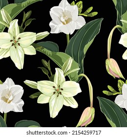 Beautiful floral seamless pattern with white freesia, lily flowers, and leaves.  Seamless pattern for textile, wrapping paper, package.